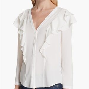 VERONICA BEARD White Ruffle Shoulder Blouse